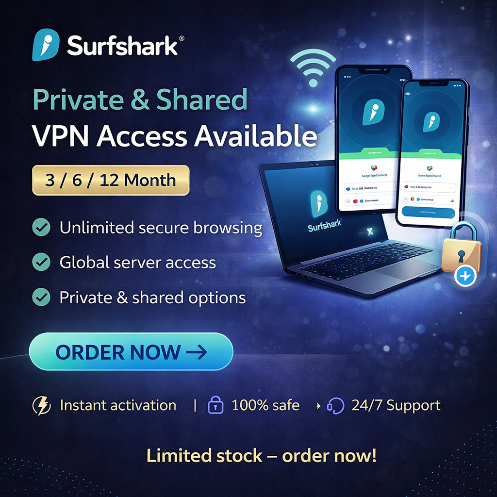 Surfshark VPN β Private/Shared Access (3 / 6 / 12 Months)